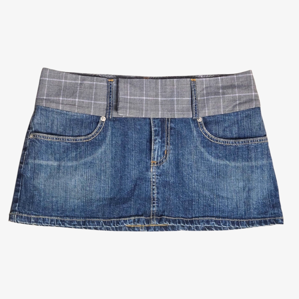 Y2k Rare Heart Moon Star Denim Mini Skirt with Plaid Waistband !